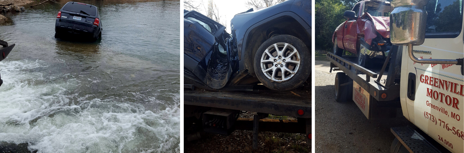 Towing collage of wrecked vehicles